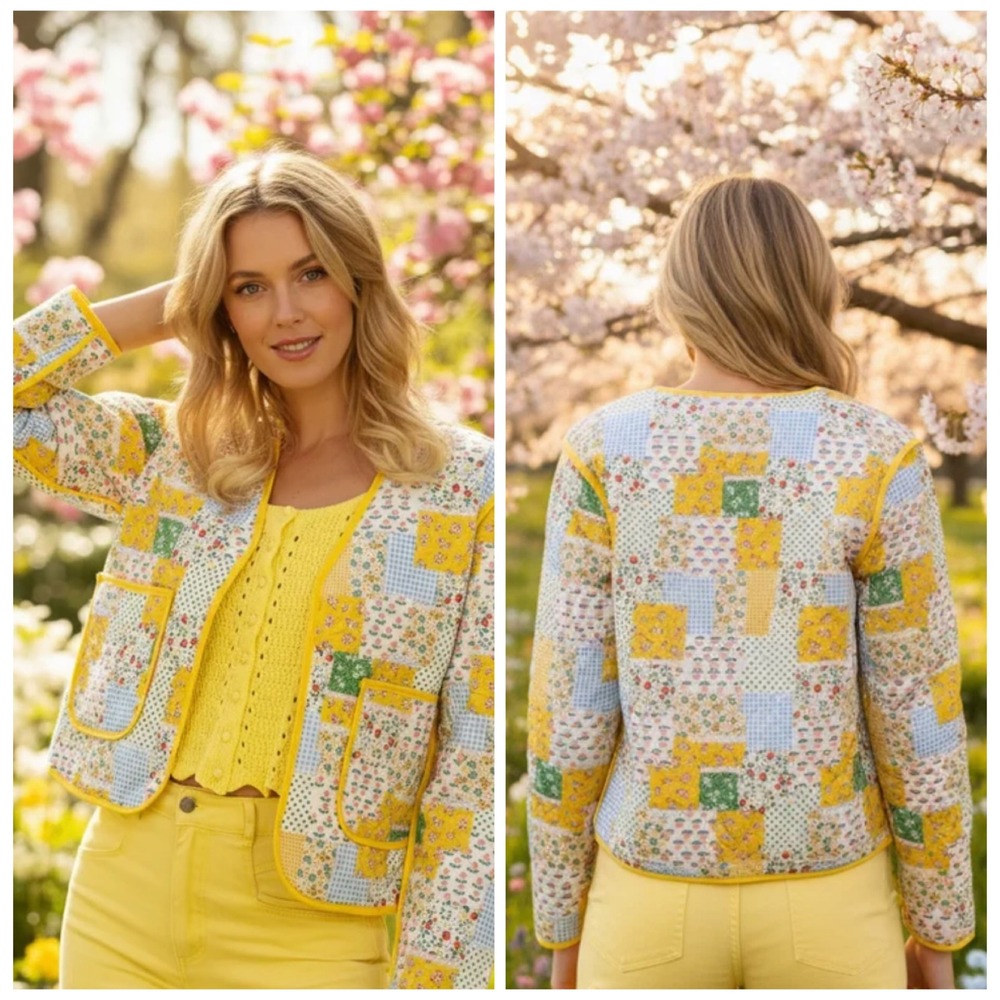 Daphnea Paris Quilted Patchwork Jacket Womens Small Yellow Floral Cottagecore